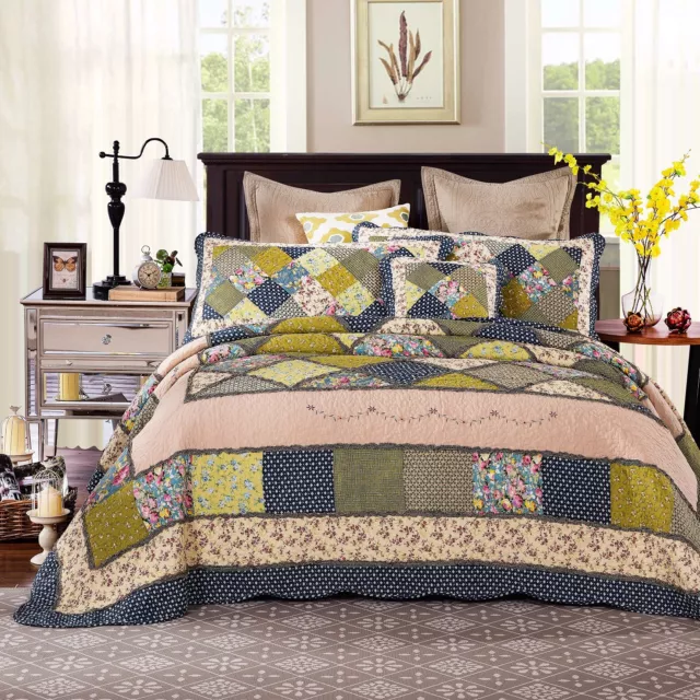 Twin Quilted Cotton Green Vintage Real Patchwork Bedding Quilt Bedspread Set