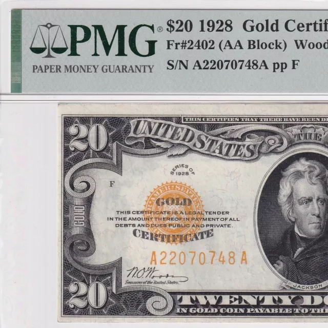 1928 Twenty Dollars $20 GOLD CERTIFICATE note Fr#2402—PMG 53 About Uncirculated