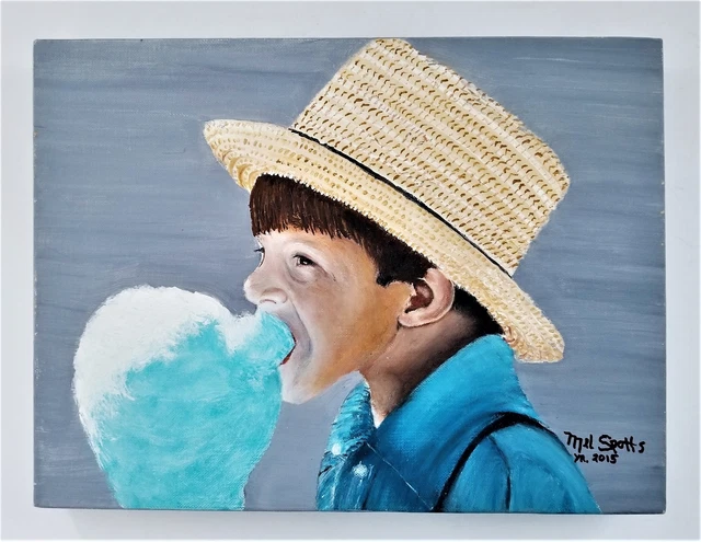2015 original AMISH BOY w COTTON CANDY oil paint ART signed SPOTTS lancaster pa