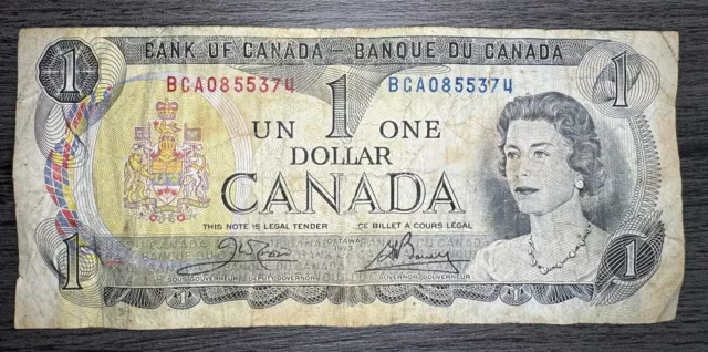 1973 Ottawa Vintage RARE Queen Elizabeth II Banknote Canadian 1 Dollar Currency