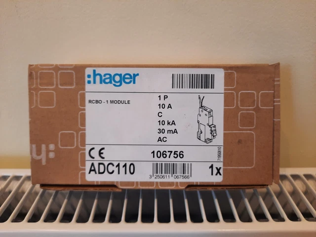 Hager ADC110 10 Amp Tipo C Polo Singolo 10kA 30mA 230/240V C10 MCB RCBO 106756
