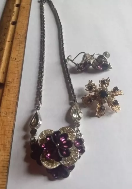 Vintage Necklace, Pin, Screw Earrings Purple Amethyst? Rhinestones