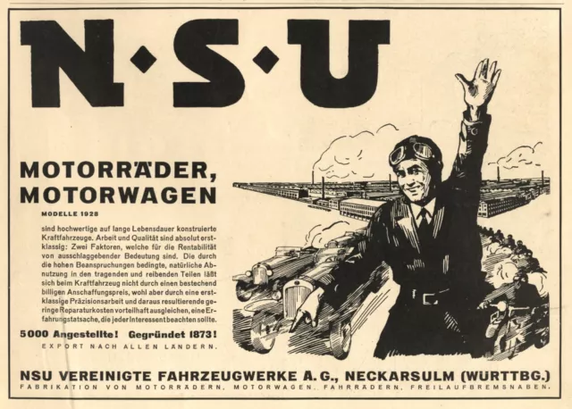 NSU Motorräder und Autos Reklame 1928 Motorradfahrer Neckarsulm Werbung Motorrad