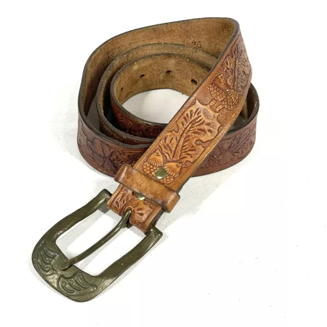 Vintage Leather Belt Mens Size 36 Brown Leather Tooled Acorn Leaves Western