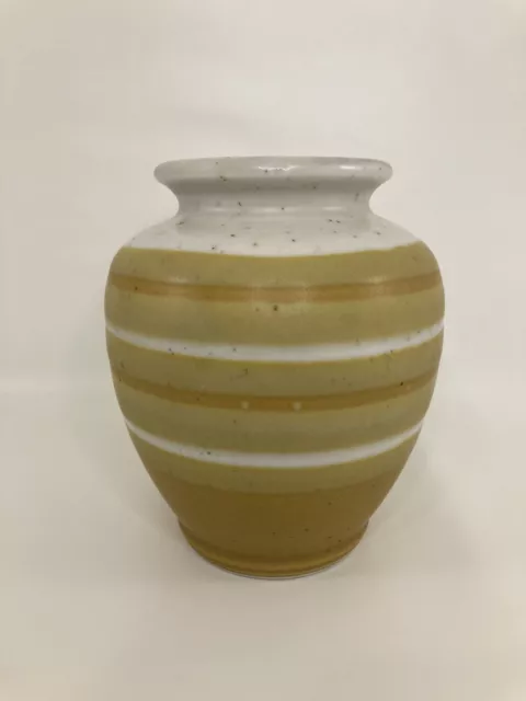 Otagiri Pottery Vase Japan Original Hand Painted, Yellow Stripes, Speckled 5.25”