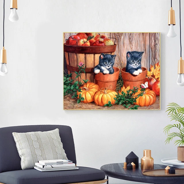 Kit negro de pintura al óleo de gato y calabaza por números dibujo sin marco