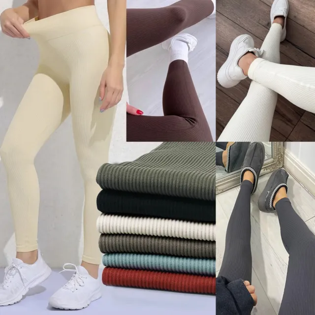 Womens High Waist Seamless Thick Ribbed Stretchy Leggings Jogging Bottom Pants