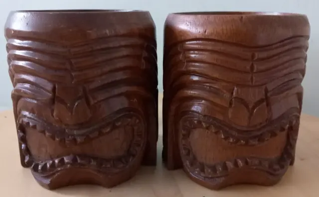 Vintage Retro Hand Carved Wooden 'Tiki' Totem Chunky Face Mugs x 2 Tribal