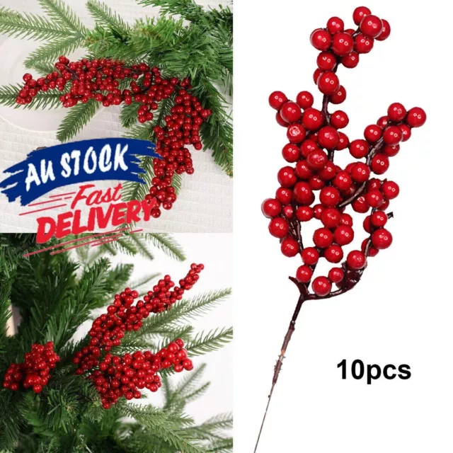 10pcs Artificial Berry Stems Fake Flower Berry Holly Christmas Tree Decor DIY