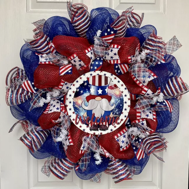Uncle Sam Gnome Patriotic Welcome Wreath Handmade Deco Mesh