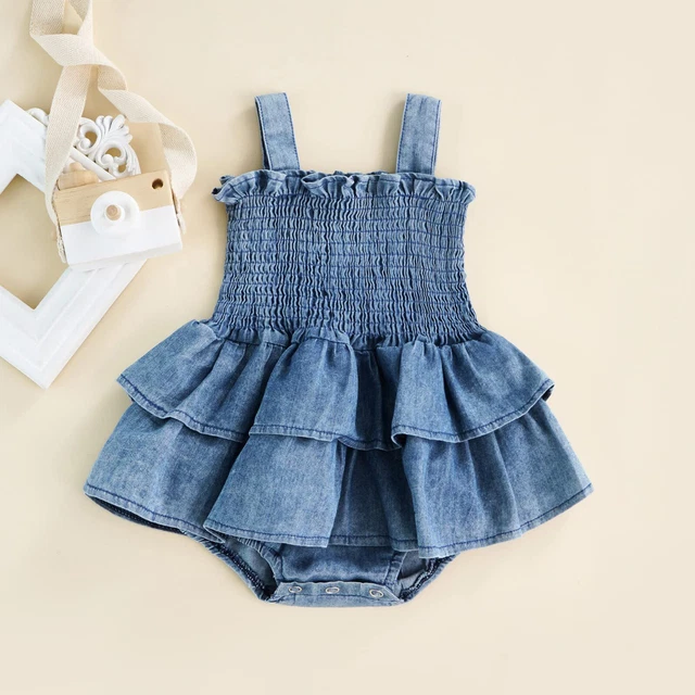 Baby Girls Denim Romper Dress Toddler Ruffle Skirted Jumpsuit Casual Bodysuit