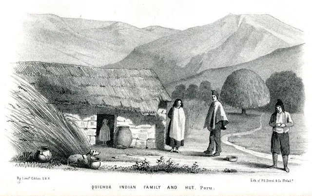 Quichua Indian family and hut - Peru - Völkerkunde - Lithographie aus Exploratio