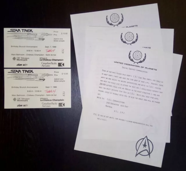 2 Star Trek Birthday Brunch Anniver Tickets & Letters 1986 NM+ Rare MTL CBC CHOM 2 Star Trek Birthday Brunch Anniver Tickets & Letters 1986 NM+ Rare MTL CBC CHOM