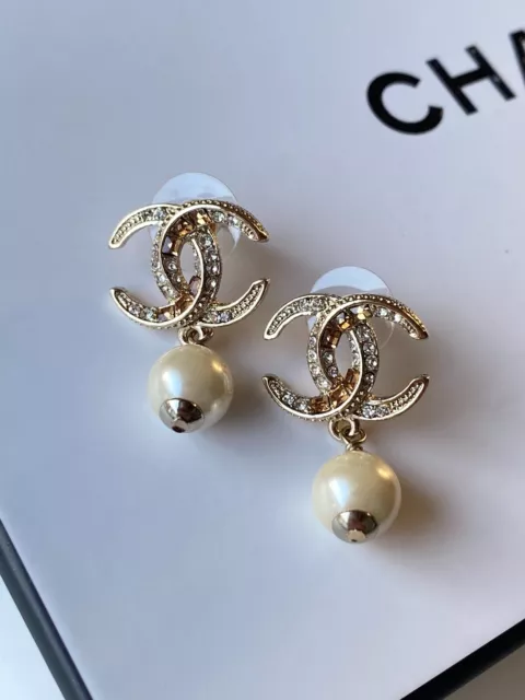 100% AUTHENTIC* CHANEL Crystal Pearl CC Drop Earrings Silver