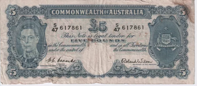 1952 Comm. of Australia 5 Pounds Banknote - R48 Coombs / Wilson - Good - # 30600