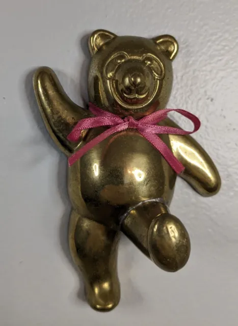 Vintage Solid Brass Dancing Teddy Bear 7" Wall Hanging Clothes Coat Hook Decor