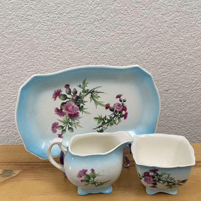 Vintage Royal Winton Grimwades England Blue Thistle Teapot Sugar Creamer TraySet 3