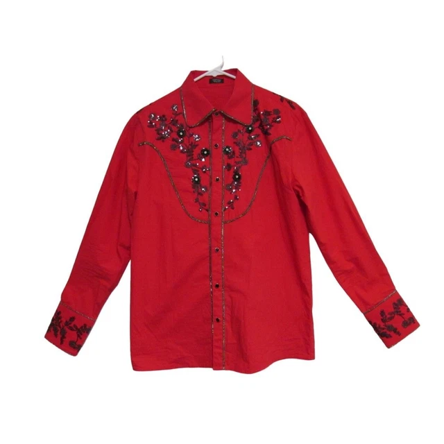 Coofandy Mens Red Embordered Long Sleeve Country Shirt