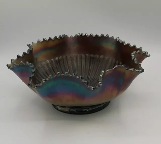 Northwood Stamped Amethyst Carnival Glass Stippled Ray Pattern Ruffled Bowl