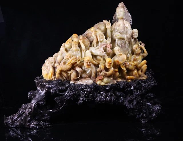 Chinese Exquisite Handmade Arhat and Guanyin Carving Shoushan Stone Statue