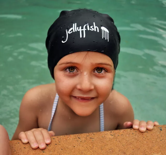 Junior Long Hair Swim Cap for kids with very long hair or braids, Black