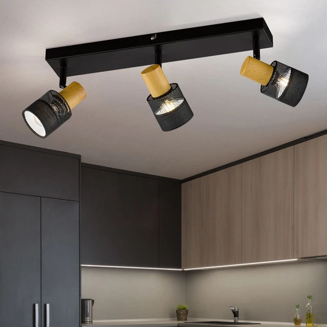 Lustre plafonnier géométrique en bois naturel avec 3 spots • Luminaires