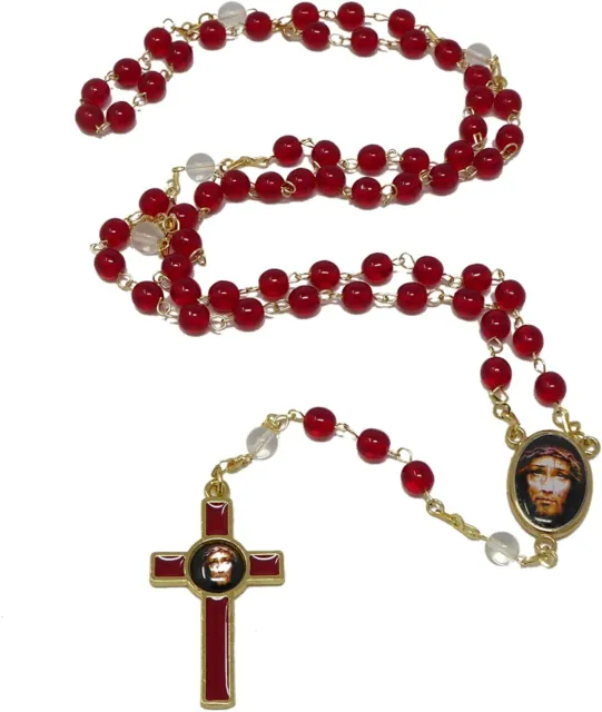 Prezioso Sangue di Cristo Rosso Rotondo Vetro Sacred Volto Di Gesù Rosari 56cm