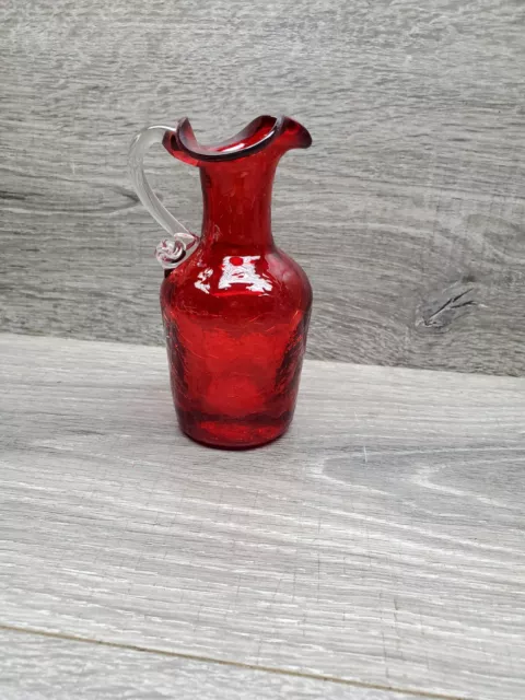 Vtg Red Crackle Glass Vase Pitcher Blown Art Applied Handle Kanawha Dunbar