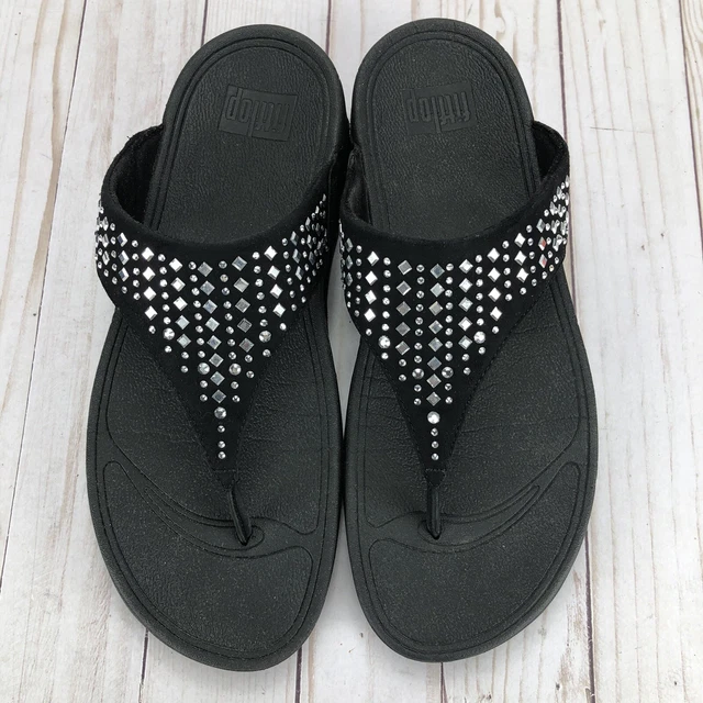 FitFlop Novy Sandals Stud Thong Flip Flop Wedge Slip On Black Suede Womens Sz 9