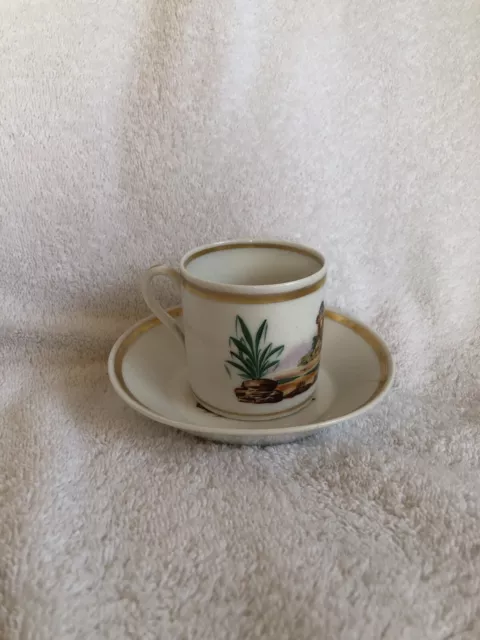 Tasse & Untertasse mit Landschafts Motiv, Lupenmalerei, Biedermeier Porzellan