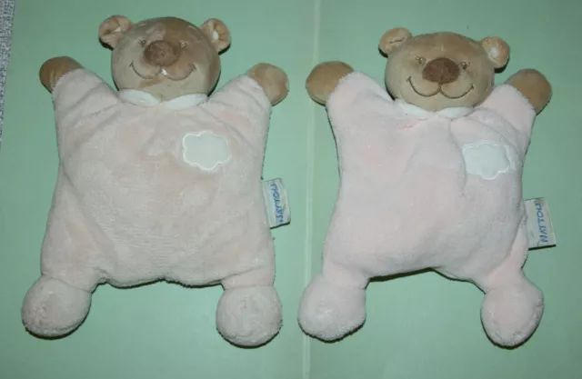 Nattou 2 Doudou Ours Semi Plat Avec Grelot Rose Blanc Nuage Brode Etat Neuf