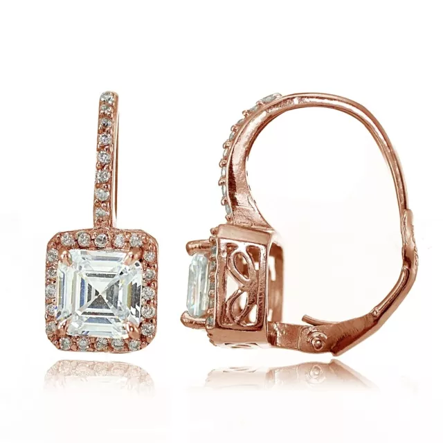 Rose Gold Tone on 925 Silver Cubic Zirconia Asscher Cut Halo Leverback Earrings