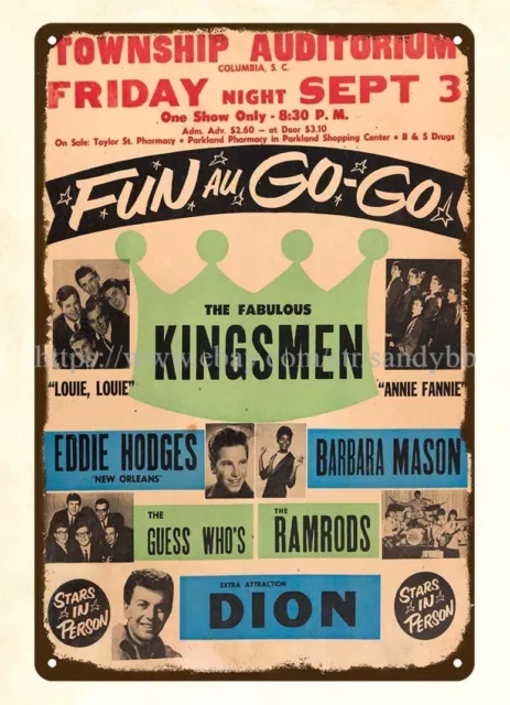 1965 Kingsmen Dion Township Auditorium Fun Au Go-Go concierto metal letrero