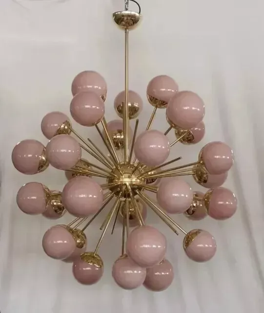 Brass Pink Glass Dome Polished 1950's Sputnik Chandelier Urchin Italian Light