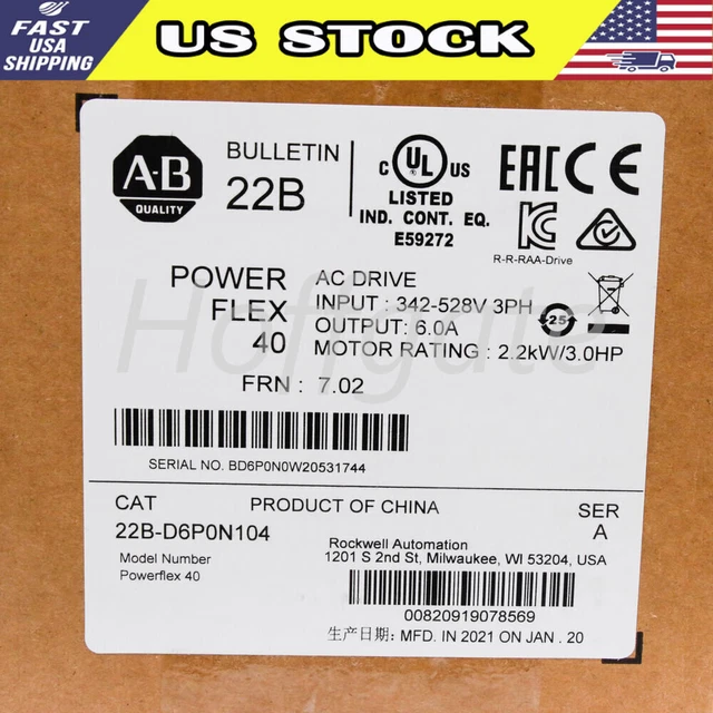 2020-2023 New Allen-Bradley 22B-D6P0N104 PowerFlex 40 2.2KW/3.0HP AC Drive