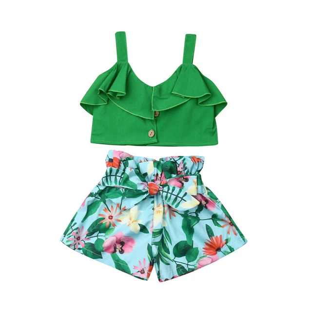Toddler Kids Baby Girls Crop Tops Floral Shorts Pants Outfits Set Summer Clothes