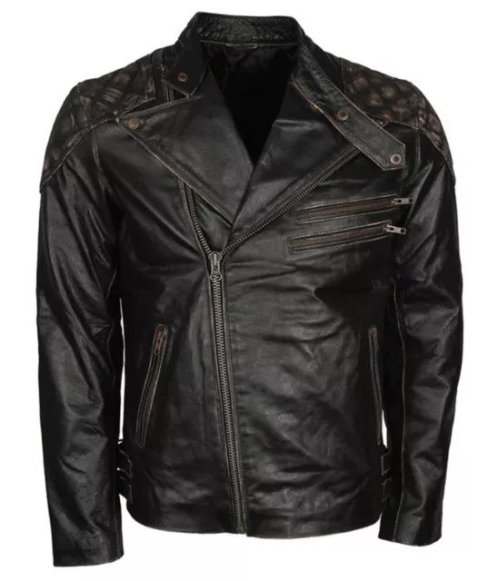 Mens Skull & Bones Embossed Distressed Black Motorcycle Genuine Leather Jacket 2