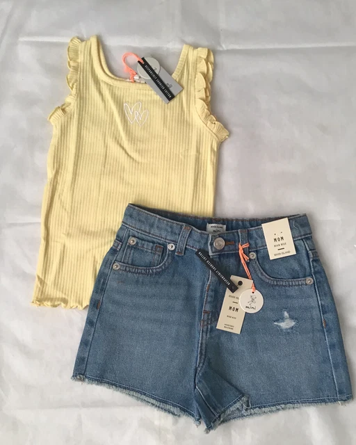 River island mini girls aged 3-4 years yellow frilly top jeans shorts set BNWT 10