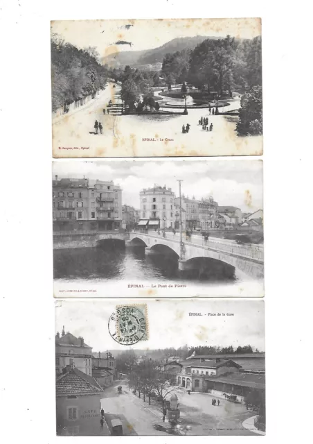 3 CPA carte postale ancienne Epinal Vosges la gare pont de Pierre le cours