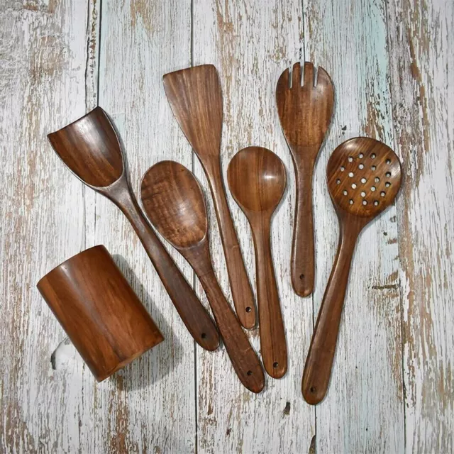 Juego de 6 piezas de cucharas de madera naturales hechas a mano, utensilios... 3