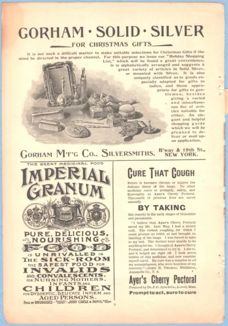 1893 print-ads, 3 pcs/6 pgs. - Gorham, B & H Lamp, Outing, Chickering, Wheatena