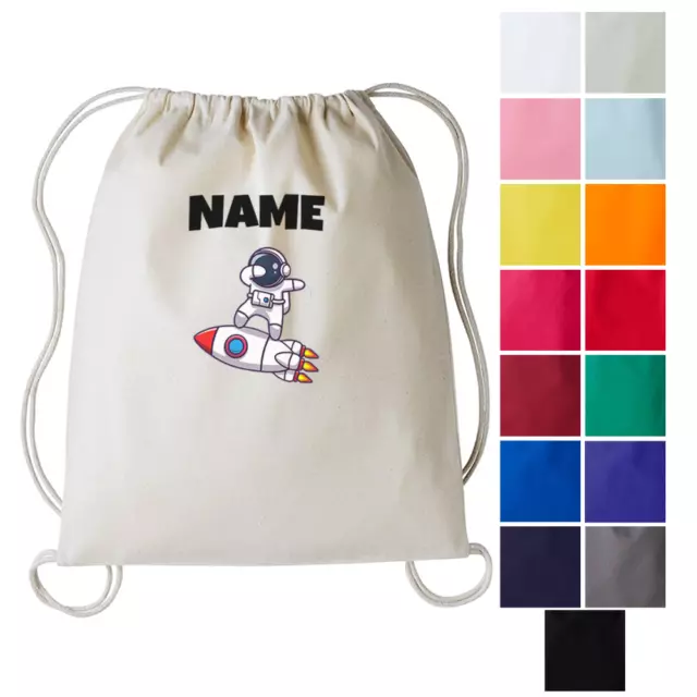 Personalised PE Bag Any Name Kids Space Drawstring Gymsac Cotton Swimming Sport