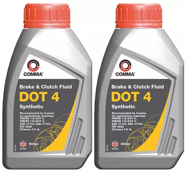 2x Comma - DOT 4 Synthetic Brake & Clutch Fluid BF4500M 500ml = 1L