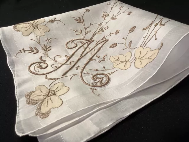 11059🌟Vintage Bridal CHampagne Madeira Monogram “M” Wedding Handkerchief