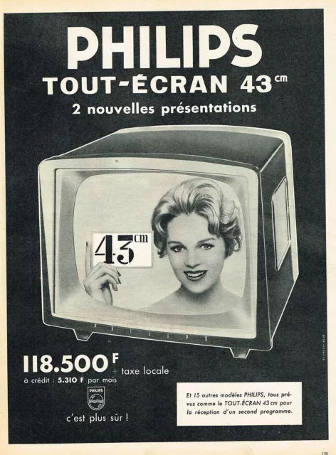 PUBLICITE ADVERTISING 055  1959  PHILIPS  téléviseur  TOUT-ECRAN 43 cms