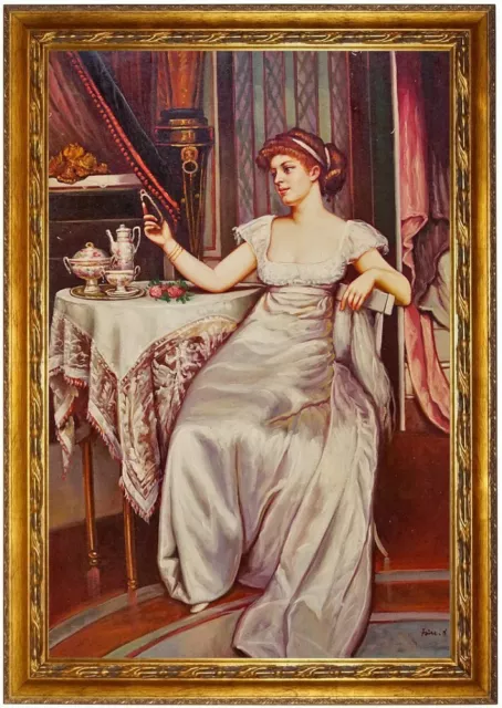 Ölbild Portrait elegante Lady beim Kaffee,Ölgemälde HANDGEMALT, Gemälde 60x90cm