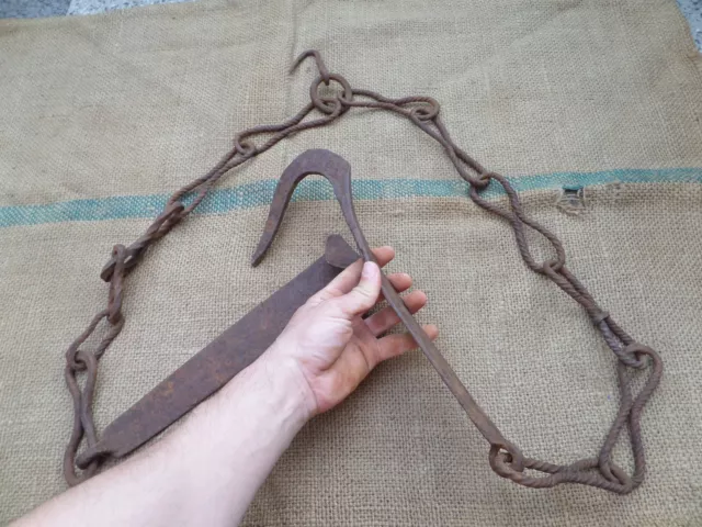 Antique Chimney Chain Hearth Fireplace Cooking Trammel Hook Twisted Iron
