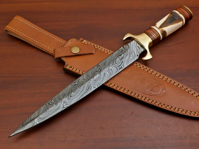 Rody Stan HAND MADE DAMASCUS ART DAGGER HUNTING BOWIE KNIFE - BURN CAMEL BONE