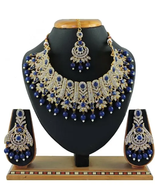 New Blue Indian Traditional Wedding Gold Plated Diamond Pearl Bridal Jewelry Set