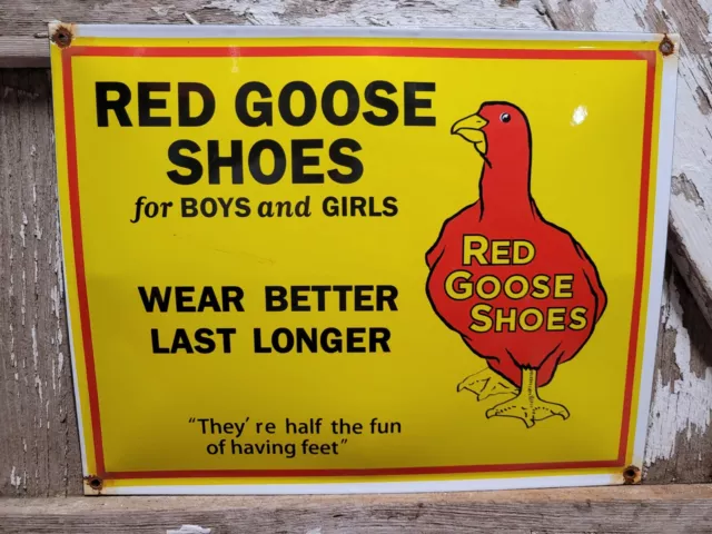 Vintage Red Goose Shoes Porcelain Sign Boy Girls Footwear Clothing Store 17"